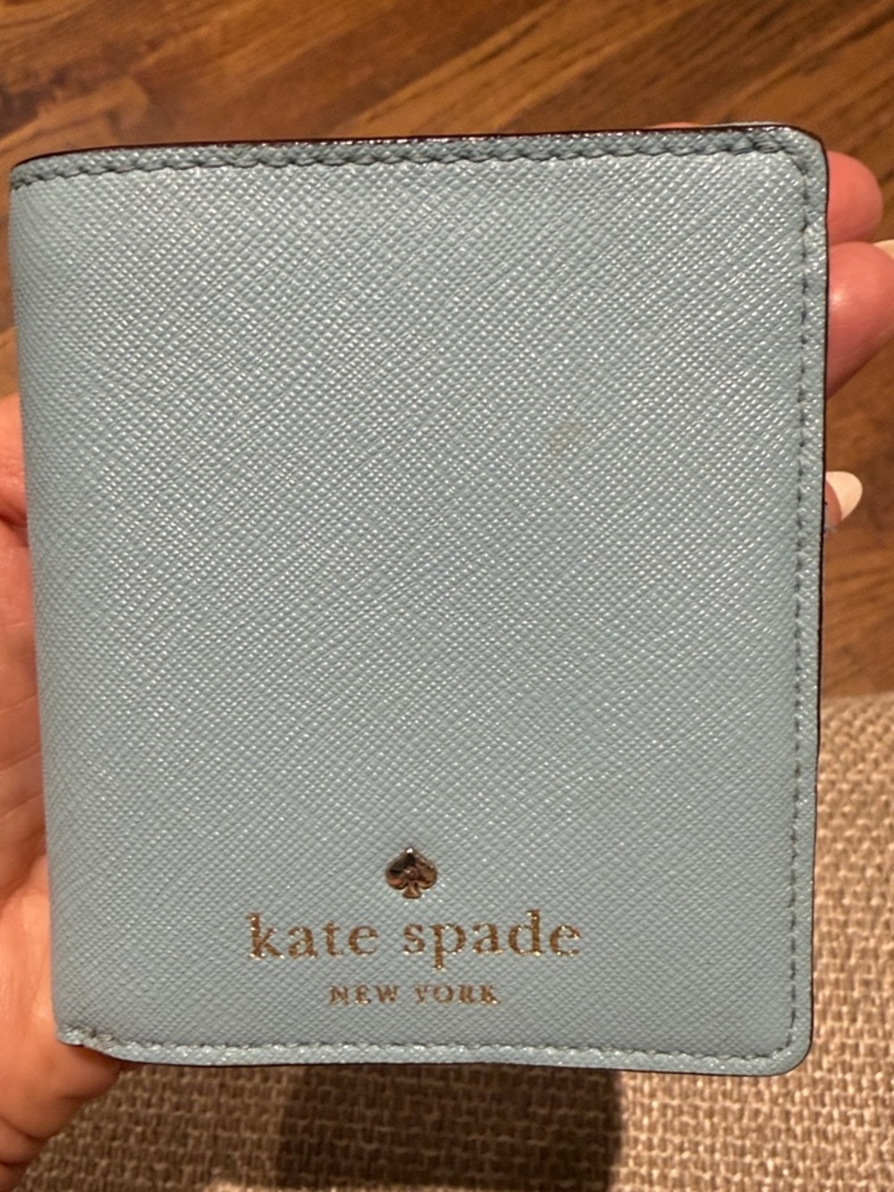 kate spade Light Blue Saffiano Bifold Wallet with Gold Logo